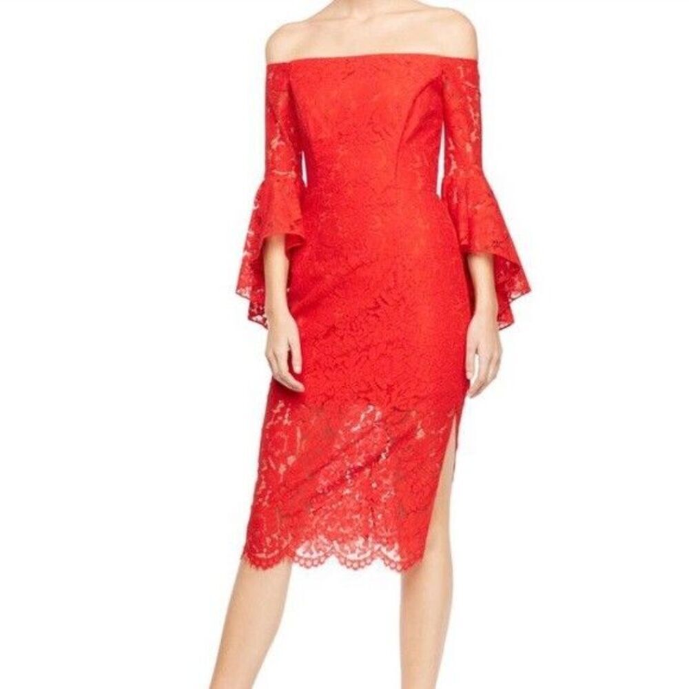 Milly Selena Slit Dress Womens 0 Red Lace Off Shoulder Ruffle Sleeve Made USA